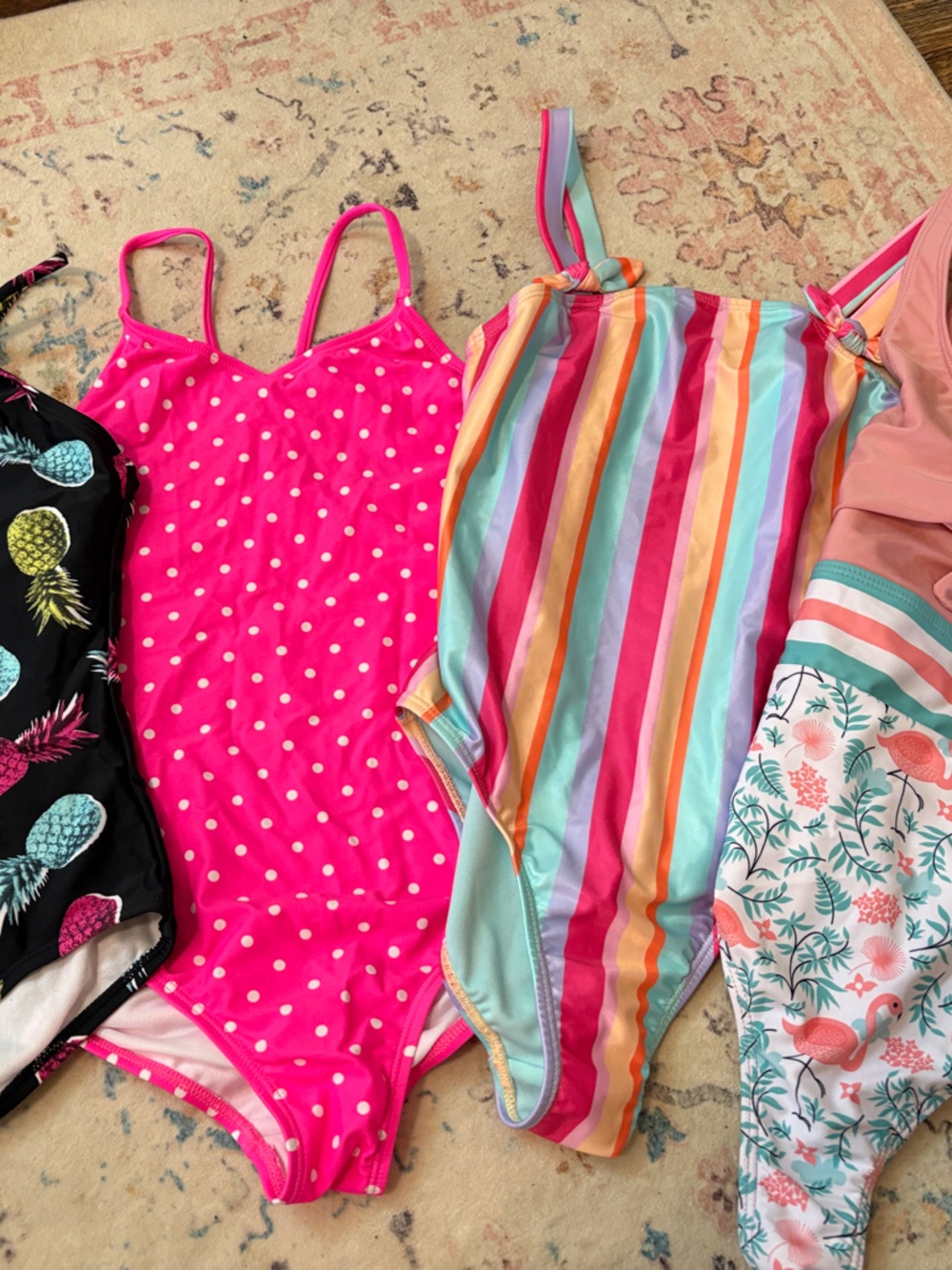 4 Girls' Hot Pink Polka Dot One-Piece Swimsuits, as a lot!  Barely worn. 10/12